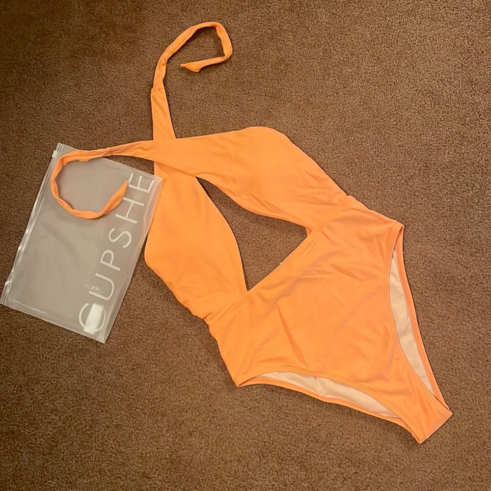 CupShe Vapor Wave Crisscross Halter Cutout Cheeky Monokini, Orange/Melon, NWT